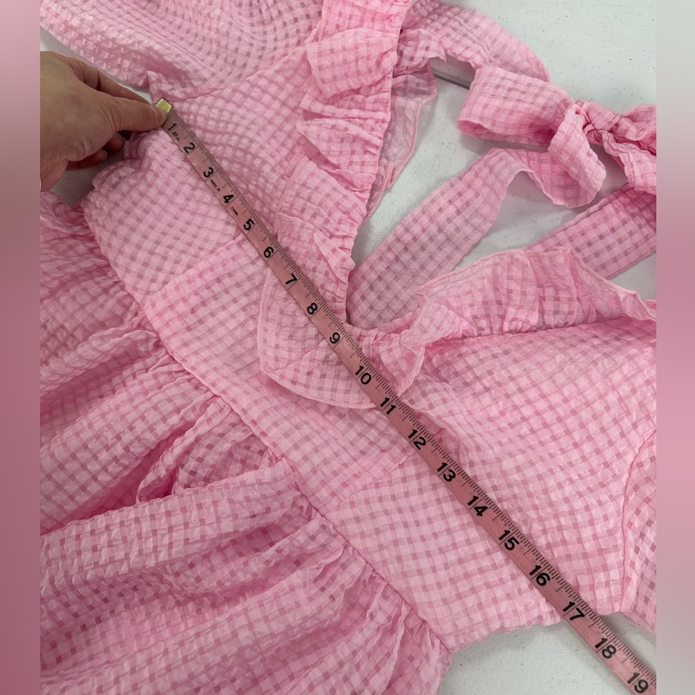 Mable Pink Gingham Puff Sleeve Ruffle Tie Back Mini Dress Coquette Romantic S - Picture 6 of 13